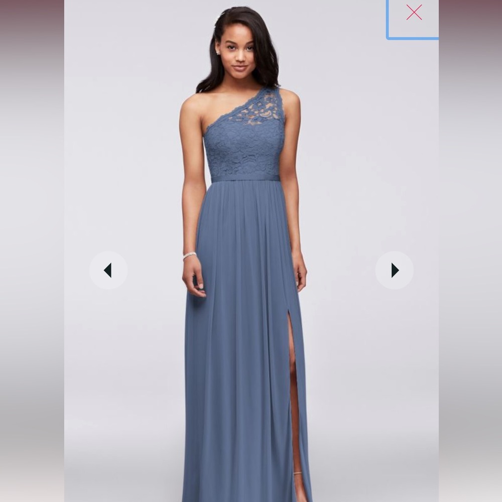 David’s Bridal One Shoulder Lace Dress, STYLE# F17063, Steel Blue, Size 4